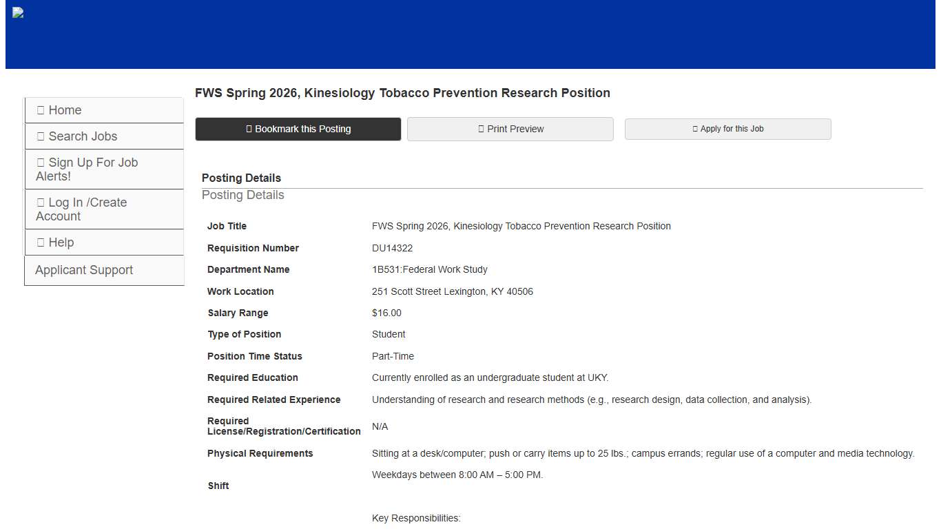 University of Kentucky Applicant Site FWS Spring 2026, Kinesiology Tobacco Prevention Research Position